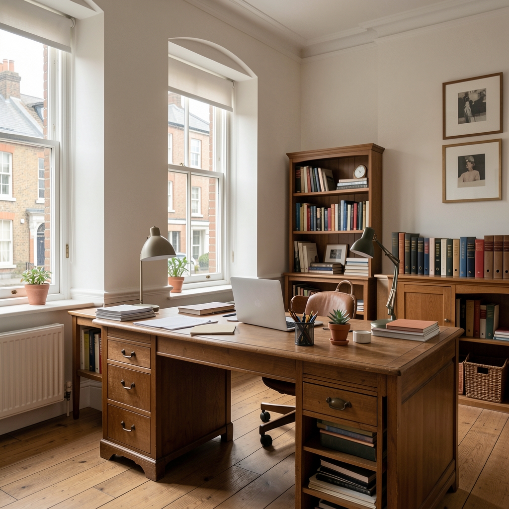 The Obrent Review editorial office on Cowcross Street, London — a quiet working space in natural light